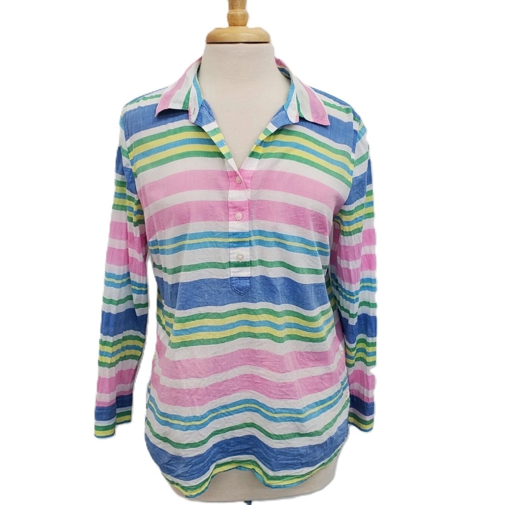 Talbots Petite MP Multicolor Pastel Stripe 100% Cotton Long Sleeve Popover Shirt
